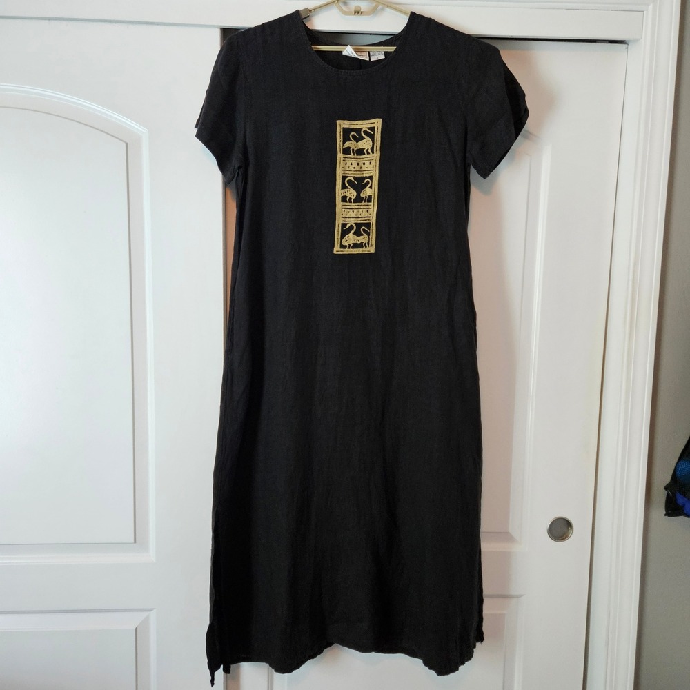 100% Linen Maxi Dress Large Black Hand Printed Maxi Dress Modest Resort Vacation